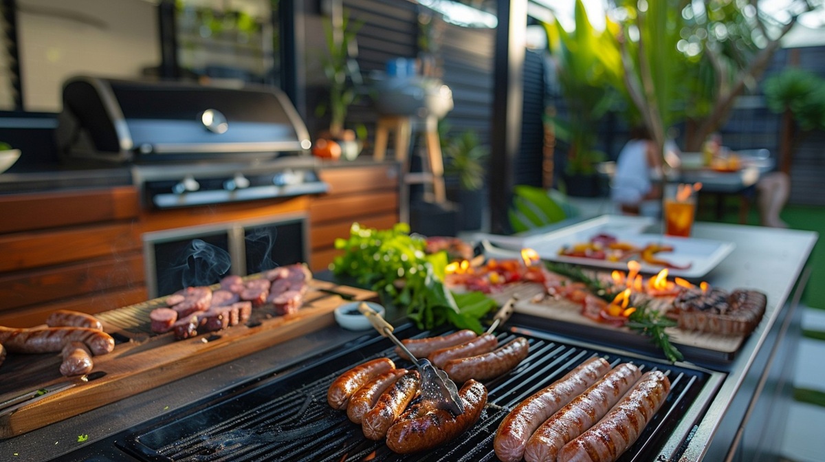 Backyard BBQ Feast A selection of delicious sausages, meats, and vegetables grilling on a barbecue in a cozy backyard.