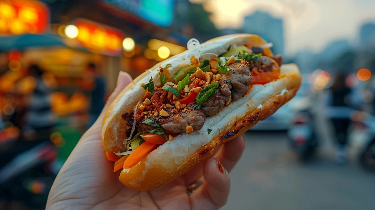 Banh Mi A hand holds a delicious grilled pork banh mi sandwich against a bustling street backdrop.