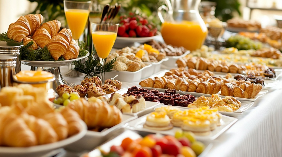 Breakfast Spread A lavish buffet setup filled with fresh croissants, fruit, and pastries, inviting a delightful morning meal.