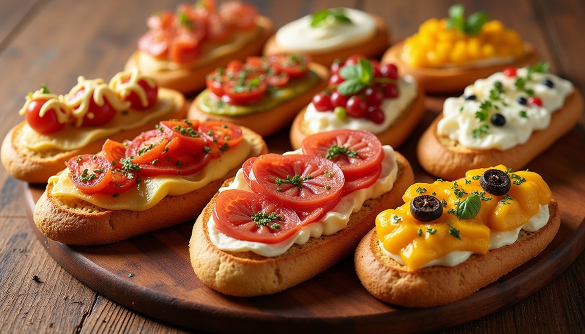 Bruschetta Platter Golden-brown bruschetta topped with fresh, colorful ingredients displayed on a wooden surface under warm, inviting lighting.