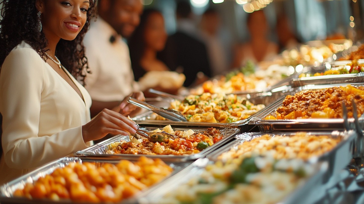 Buffet Dining Experience A joyful woman selects food from a variety of dishes at a well-stocked buffet line.