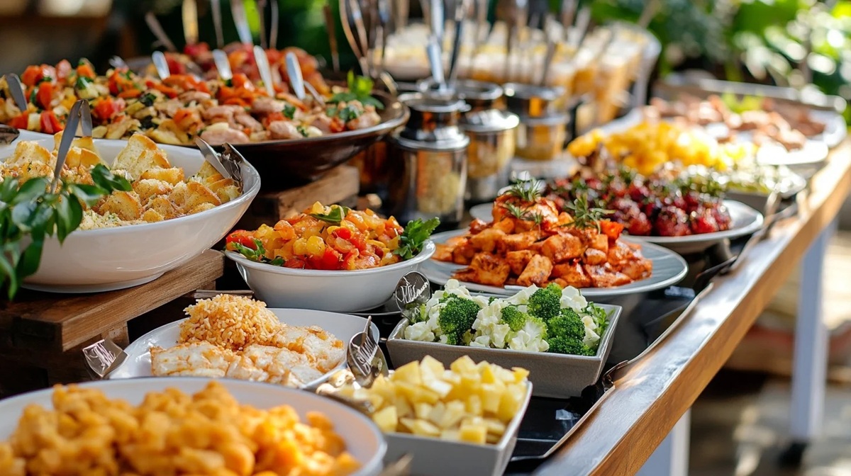 Buffet Spread A lavish buffet spread featuring various dishes including salads, grilled meats, and colorful vegetable sides on a sunny day.