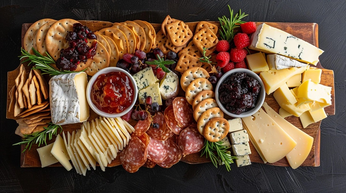 Cheese Platter A delectable cheese platter featuring a variety of cheeses, fruits, and meats on a wooden board.