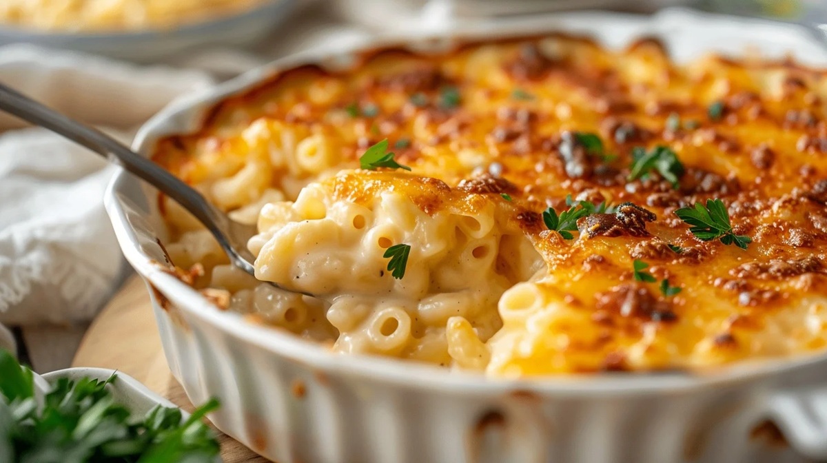Cheesy Macaroni Dish Delicious baked macaroni and cheese in a dish, garnished with parsley.