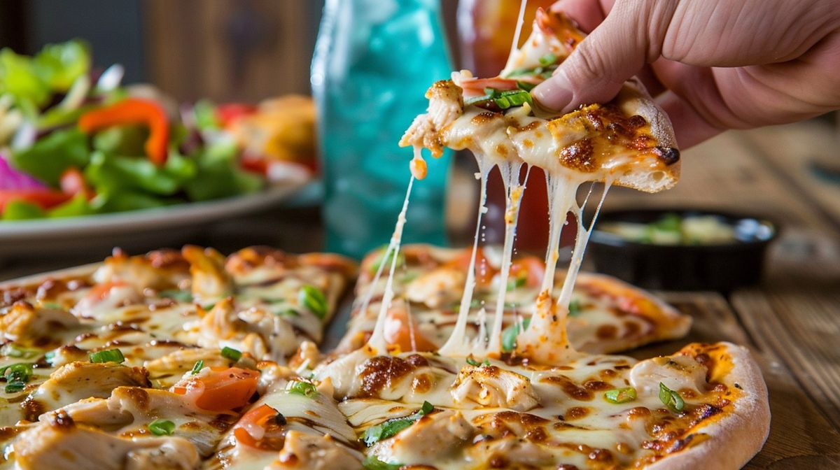 Cheesy Pizza Slice A hand pulls a steaming slice of pizza with cheese stretching deliciously from the main pie.
