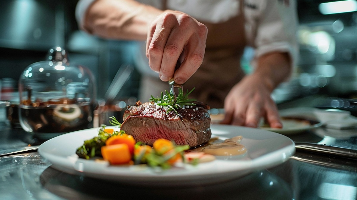 Chef Garnishing Steak A professional chef carefully adds fresh herbs to a perfectly cooked steak surrounded by colorful vegetables.