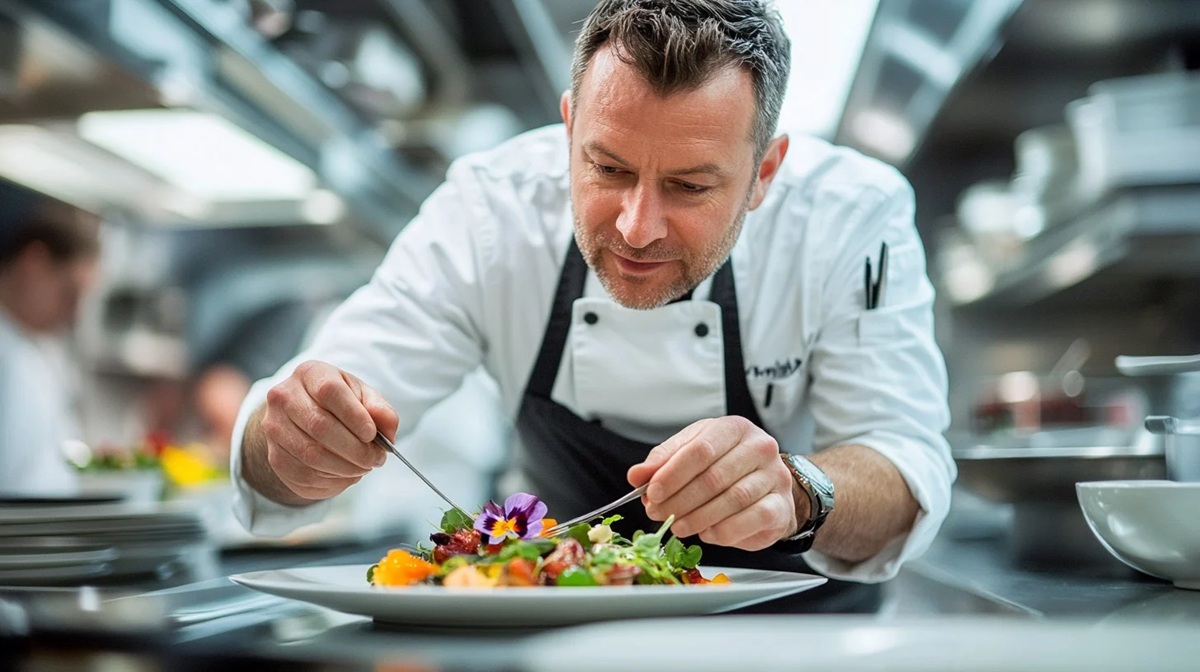 Chef Plating Dish A professional chef meticulously garnishes a colorful salad dish in a busy, stainless steel kitchen.