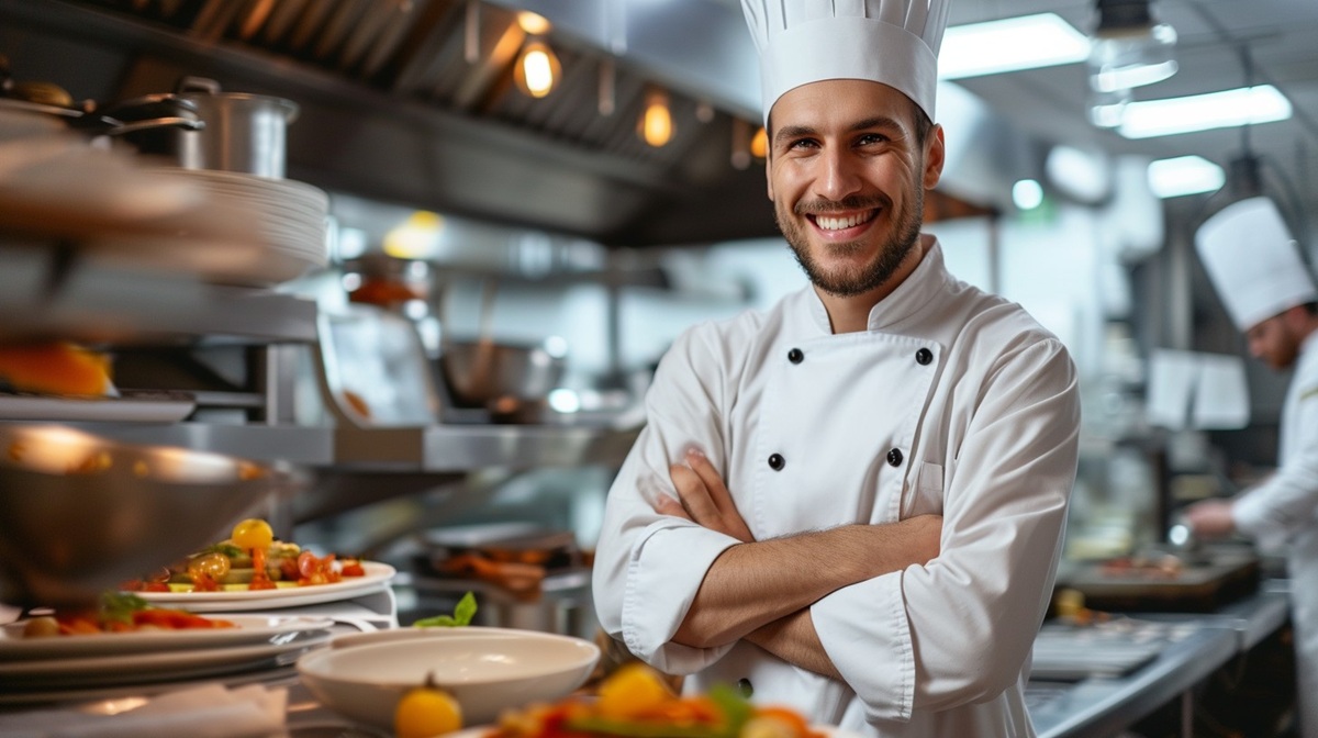 Chef in Kitchen A confident professional chef, arms crossed, smiling in a bustling restaurant kitchen with prepared dishes.