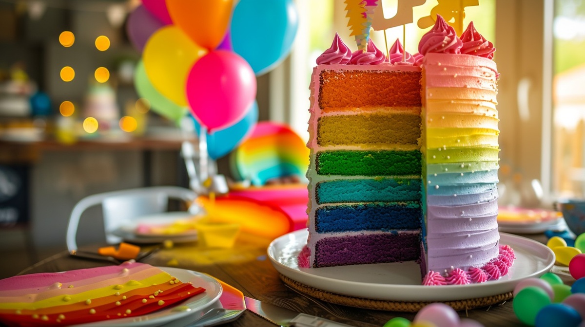 Colorful Birthday Cake Vibrant rainbow layered birthday cake adorned with lit candles, ready for a cheerful celebration.