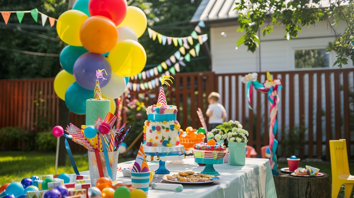 Colorful Birthday Party A festive outdoor birthday celebration with vibrant balloons, cakes, and decorations on a sunny day.