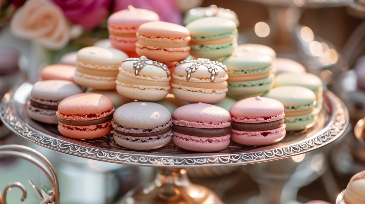 Colorful Macaron Assorted colorful macarons elegantly displayed on a silver platter.