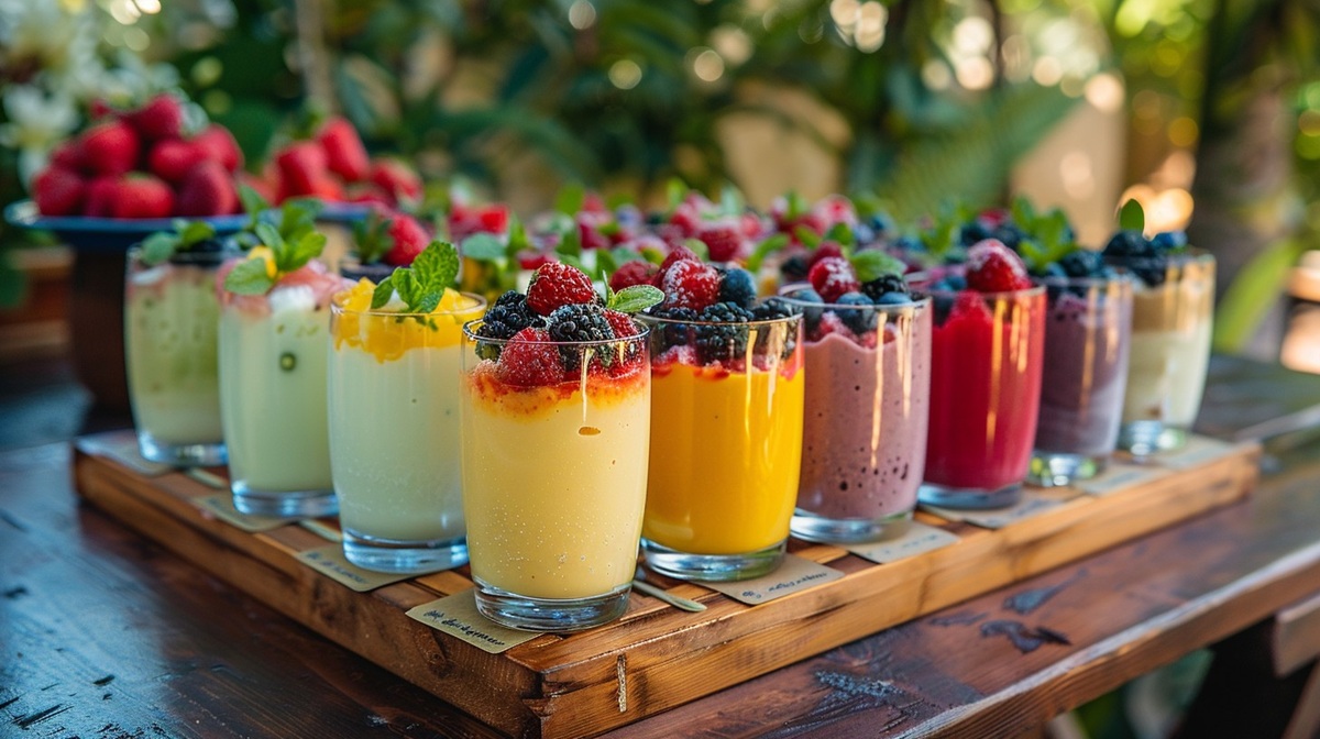 Colorful Smoothie Selection An array of colorful fruit smoothies topped with fresh berries displayed on a wooden tray.