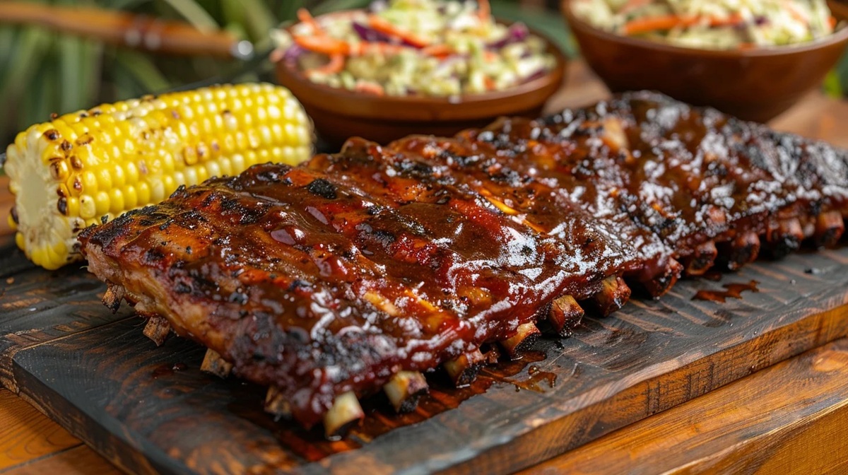 Delicious BBQ Ribs A succulent rack of BBQ ribs glazed with a rich, shiny sauce, served with corn and coleslaw.