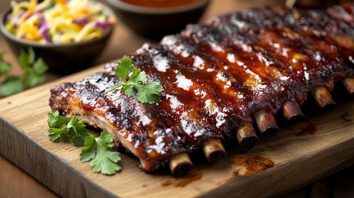 Delicious Barbecued Ribs Delicious barbecued ribs glazed with a shiny sauce, garnished with parsley on a wooden board.