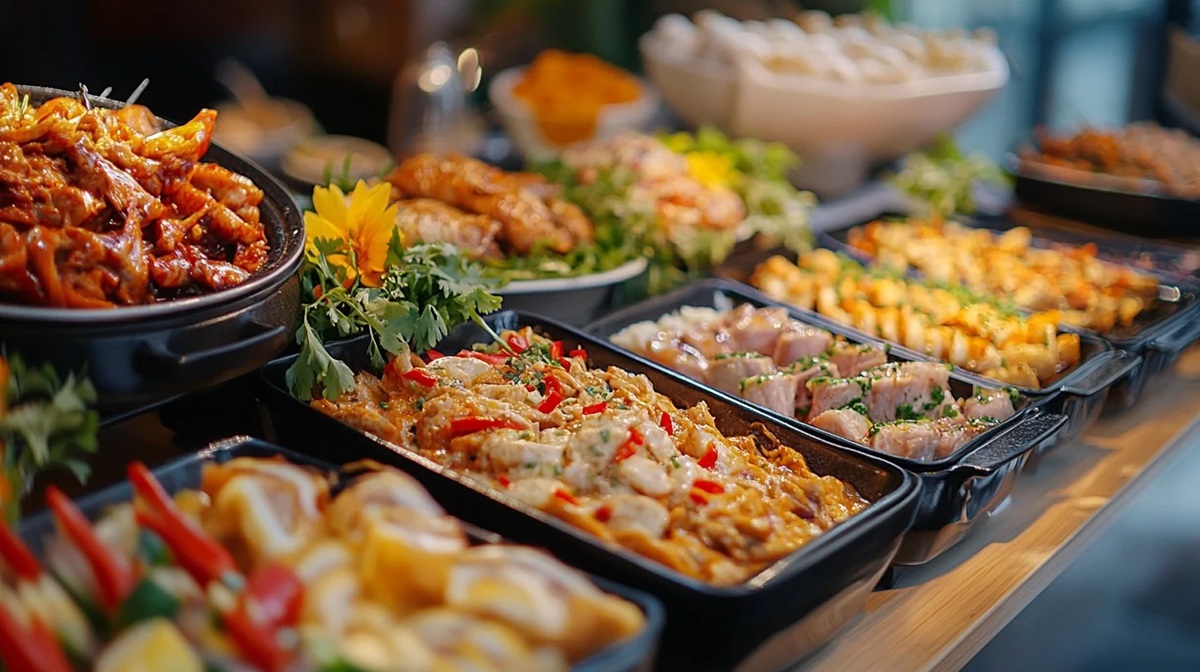 Delicious Buffet Spread A variety of mouth-watering dishes displayed at a buffet, featuring both meat and vegetarian options.