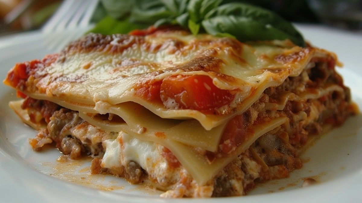 Delicious Lasagna Plate A delectable slice of lasagna sits ready to be enjoyed, layered with cheese, meat, and tomato sauce.