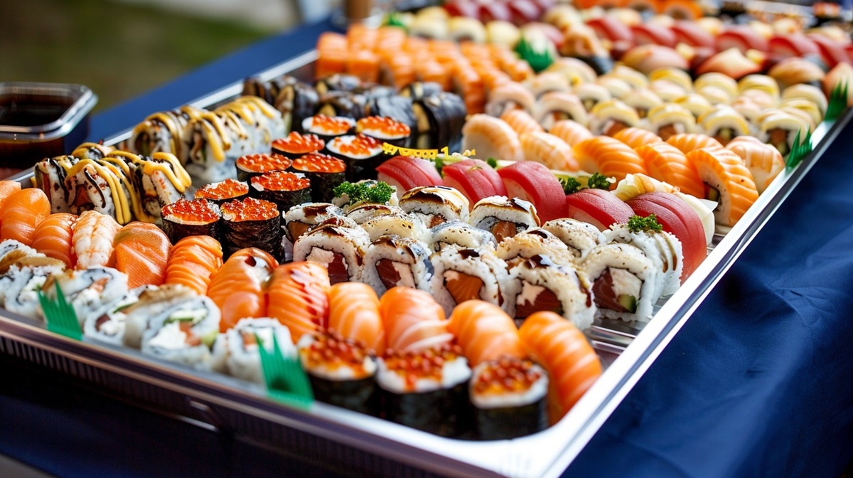 Delicious Sushi Platter A vibrant and extensive selection of sushi displayed on a platter, showcasing various colors and types.