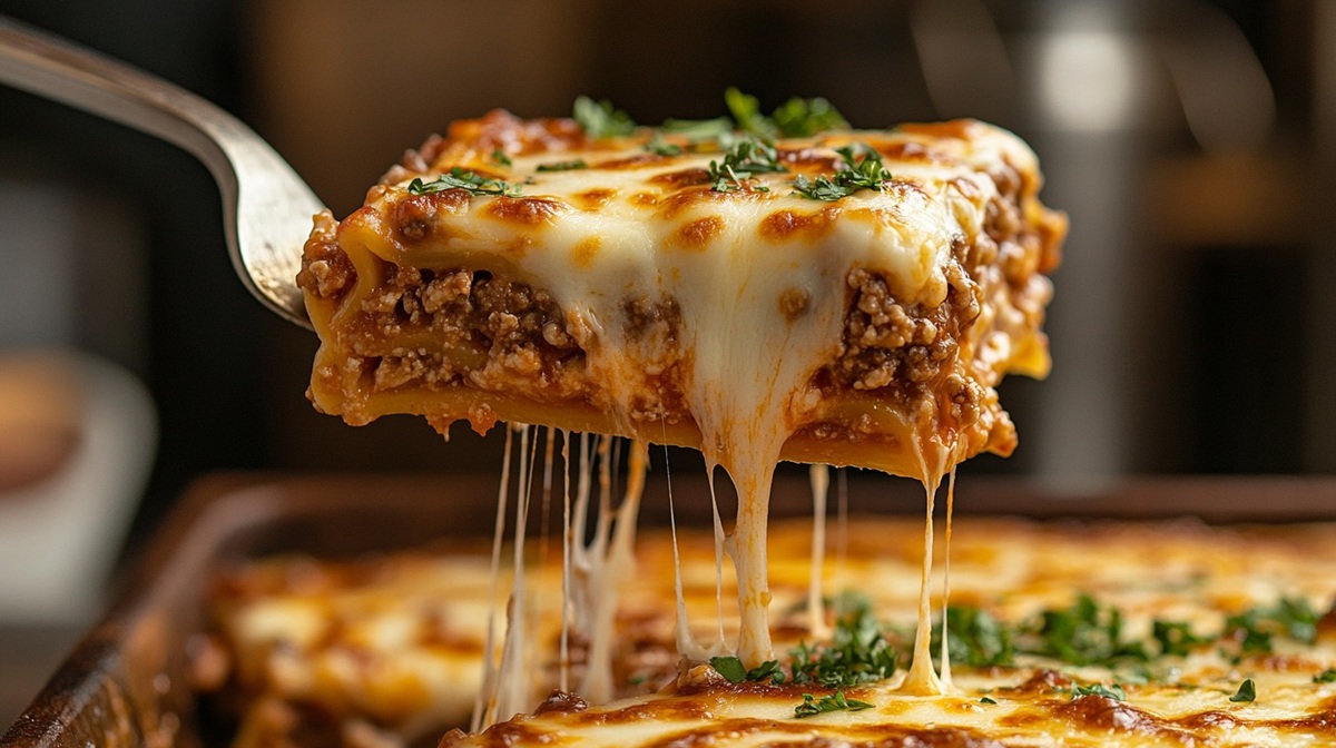 Delicious lasagna slice A perfect slice of homemade lasagna is lifted, showcasing the melted cheese and savory meat layers.
