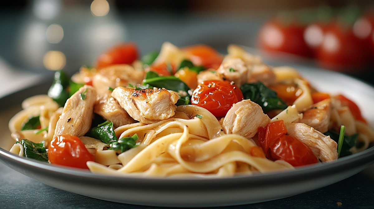 Delicious pasta dish A plate of savory chicken pasta garnished with fresh cherry tomatoes and spinach, ready to eat.