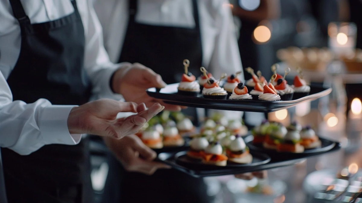 Elegant Appetizer Service Professional servers in a formal event setting present exquisitely crafted appetizers on sleek black trays.