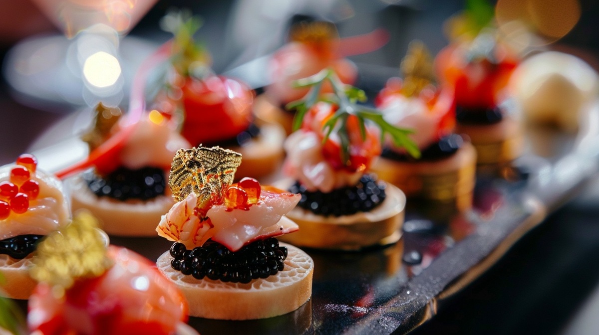 Elegant Appetizer Spread Assorted gourmet canapés featuring caviar, roe, and smoked salmon elegantly presented on a dark platter for fine dining.