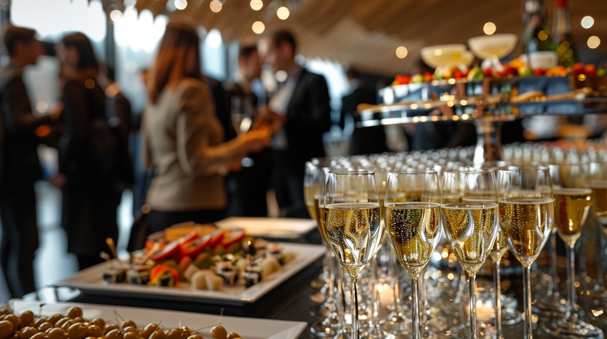Elegant Cocktail Reception A sophisticated cocktail reception with sparkling wine glasses in the foreground and guests mingling in the background.