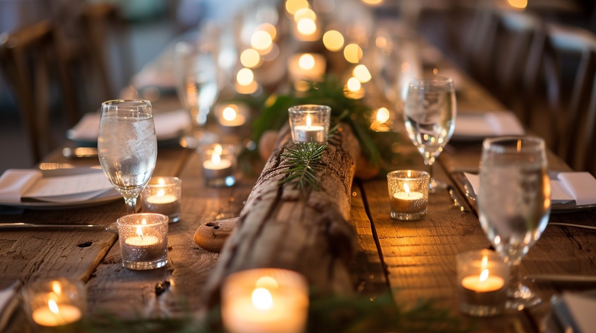 Elegant Dinner Setting An inviting dinner table elegantly set with candles, greenery, and crystal clear glasses awaits guests.