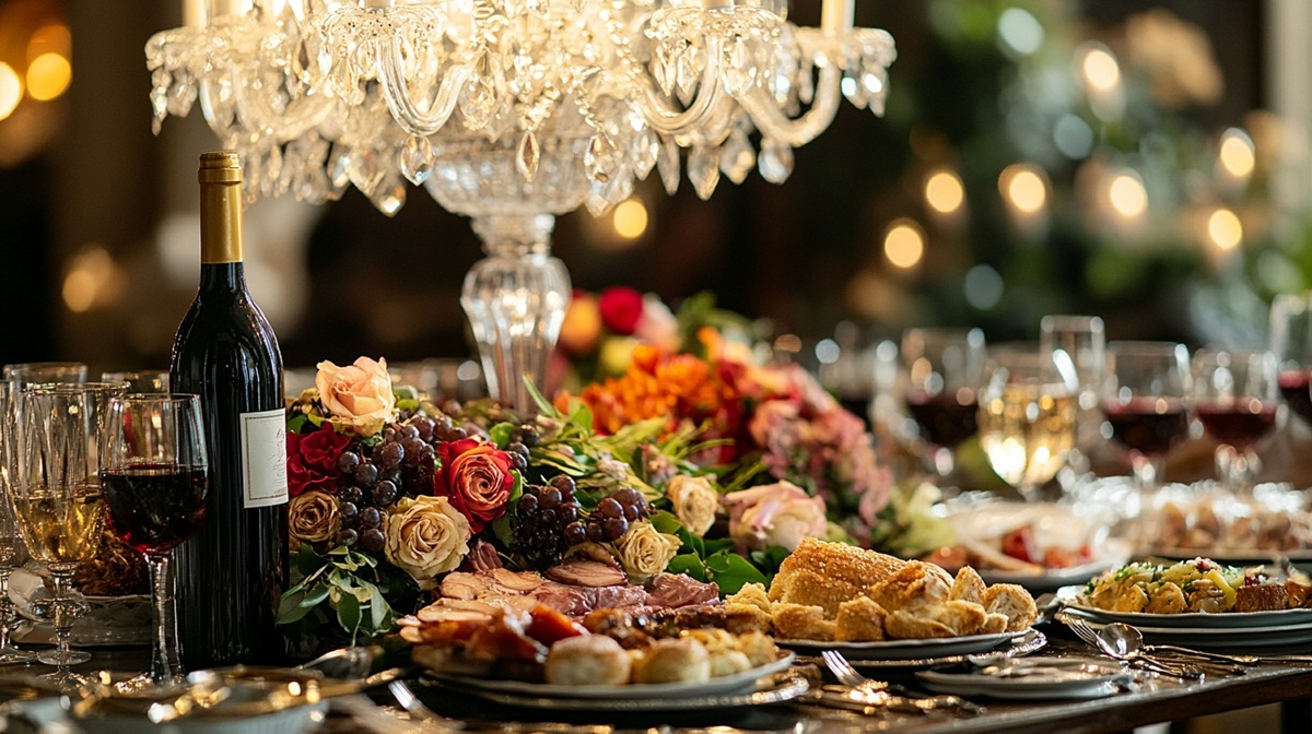 Elegant Dinner Setup An elaborate dinner table beautifully set with flowers, candles, and fine dishes under a crystal chandelier.