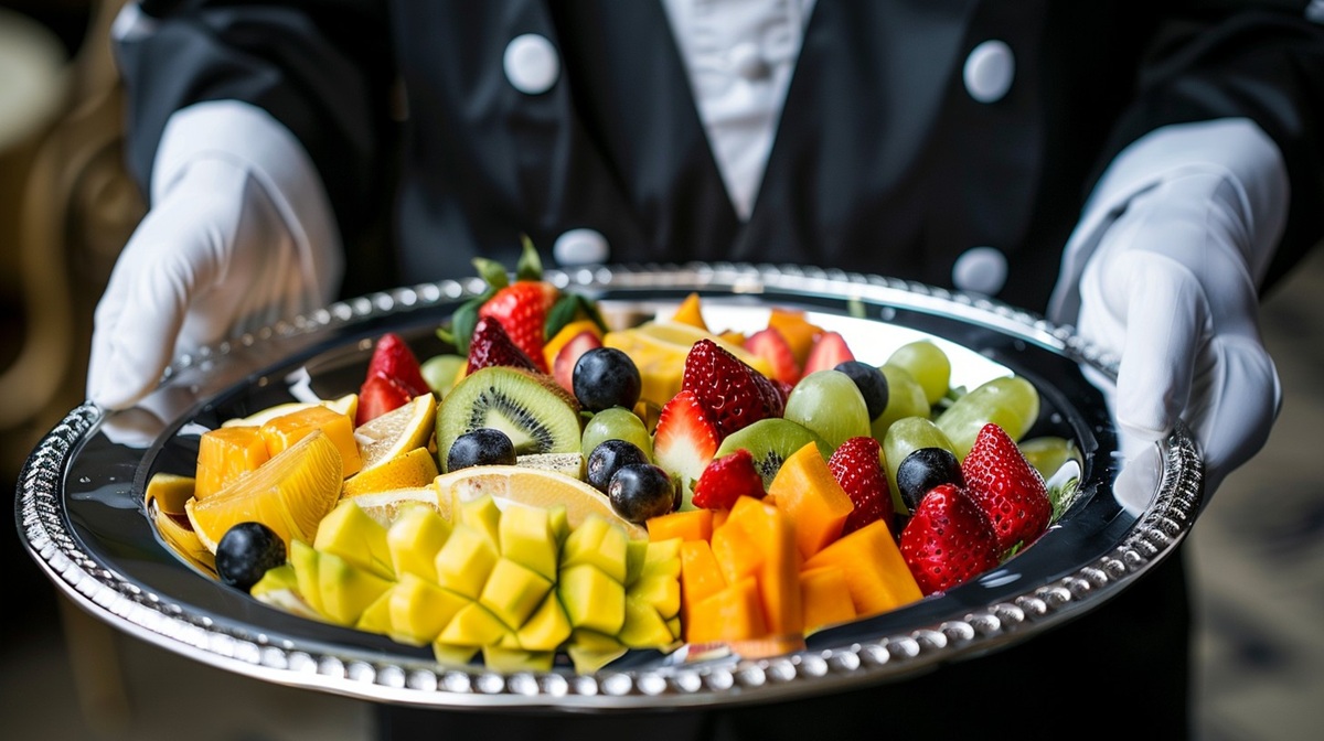 Elegant Fruit Service A professional waiter in a formal outfit presents a silver platter filled with colorful fresh fruit.