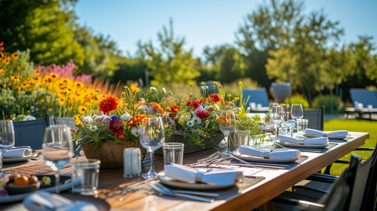 Elegant Outdoor Dining A beautifully set table awaits guests for an alfresco dining experience amidst a blooming garden.