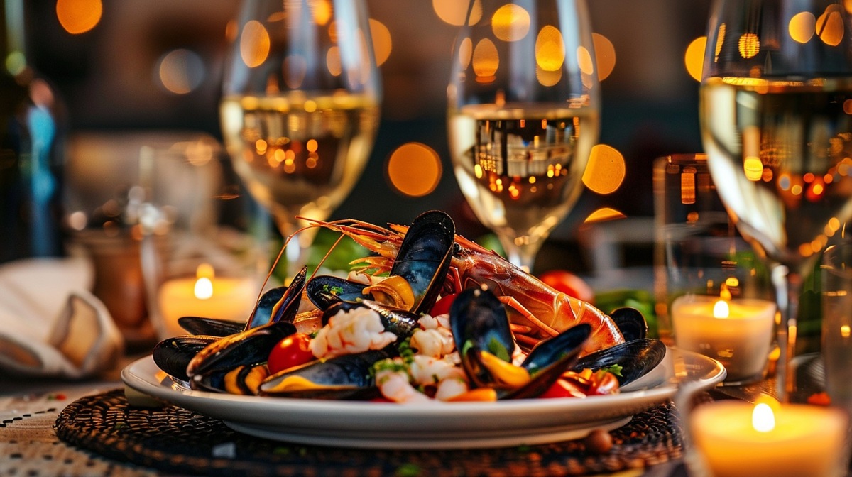 Elegant Seafood Dinner An inviting seafood platter with mussels, wine glasses, and warm candlelight set for a romantic dinner.
