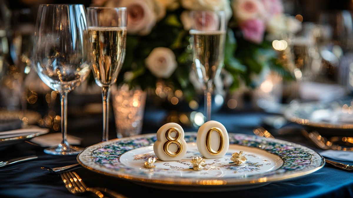 Elegant anniversary dinner An elegant table setting featuring golden '80' numerals, champagne flutes, and delicate floral arrangements celebrates a significant anniversary.