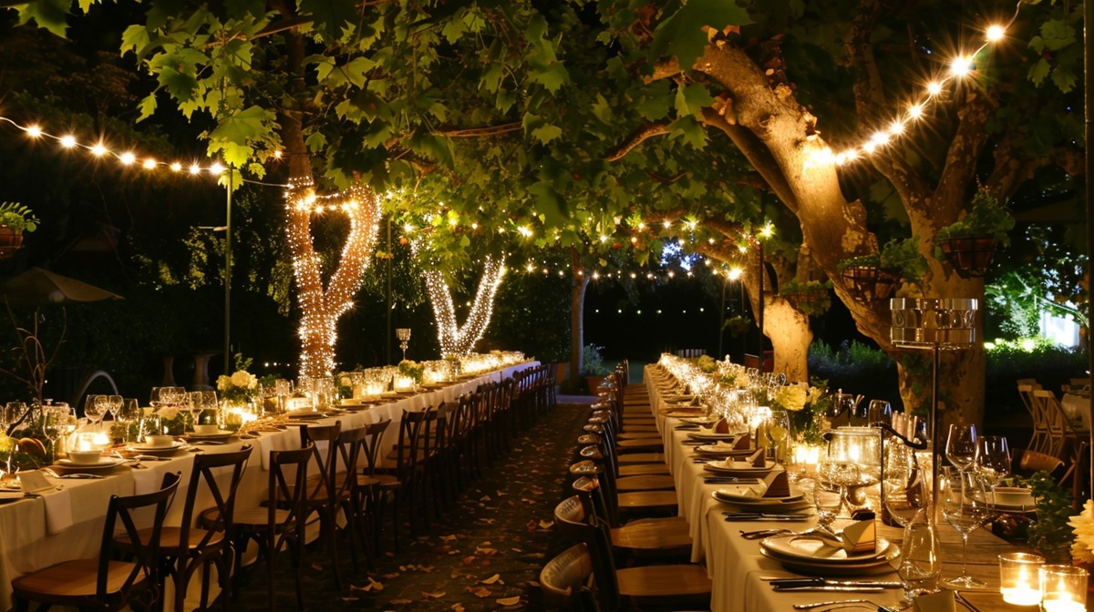 Enchanted Evening Dinner Magical outdoor dinner setup under string lights and starry night perfect for celebrations and gatherings.