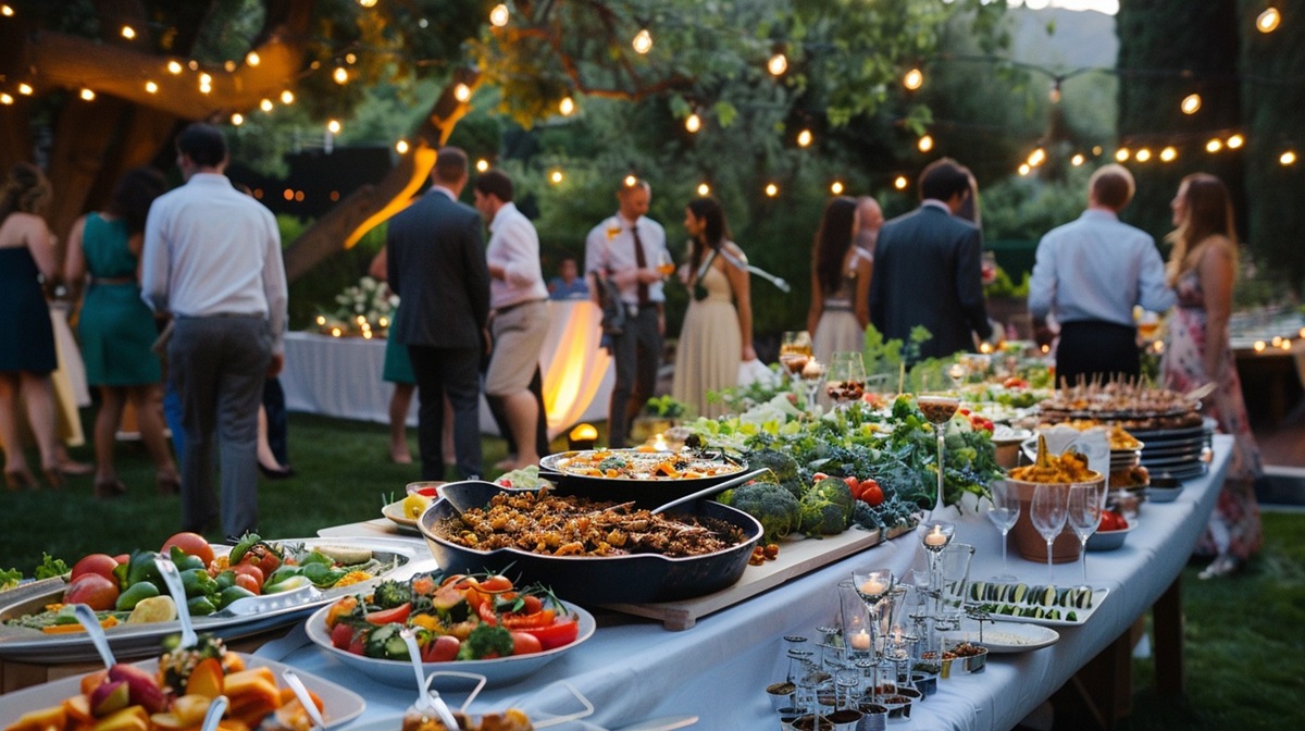 Evening Garden Party Guests mingle at an outdoor evening garden party with a beautifully arranged buffet under string lights.