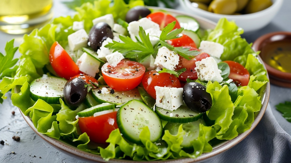 Fresh Greek Salad A vibrant Greek salad with ripe tomatoes, crisp cucumbers, olives, and feta cheese on lettuce.