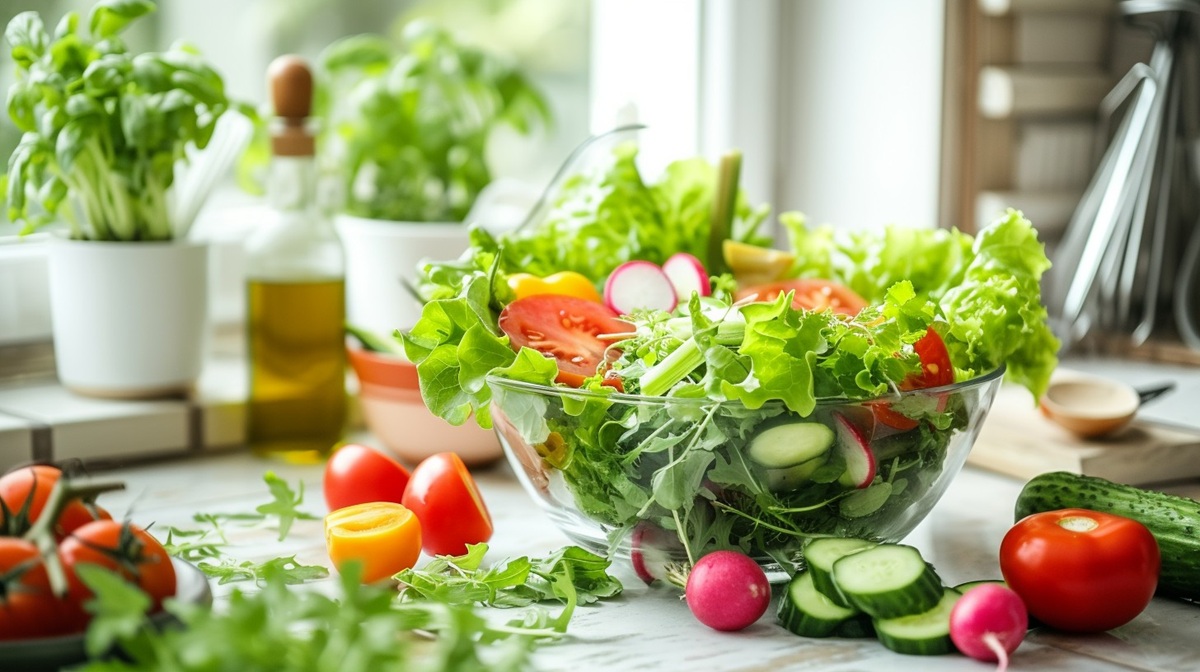 Fresh Salad Bowl A vibrant salad bowl filled with fresh greens, juicy tomatoes, and crisp cucumbers on a kitchen counter.