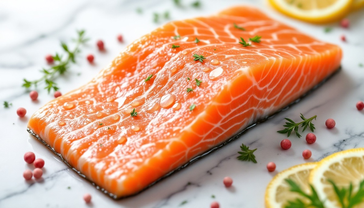 Fresh Salmon Fillet A pristine salmon fillet garnished with fresh herbs and citrus slices rests elegantly on a cool marble surface.
