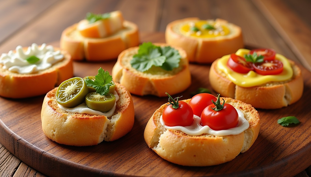Gourmet Canapés Golden-brown crostini topped with fresh ingredients.