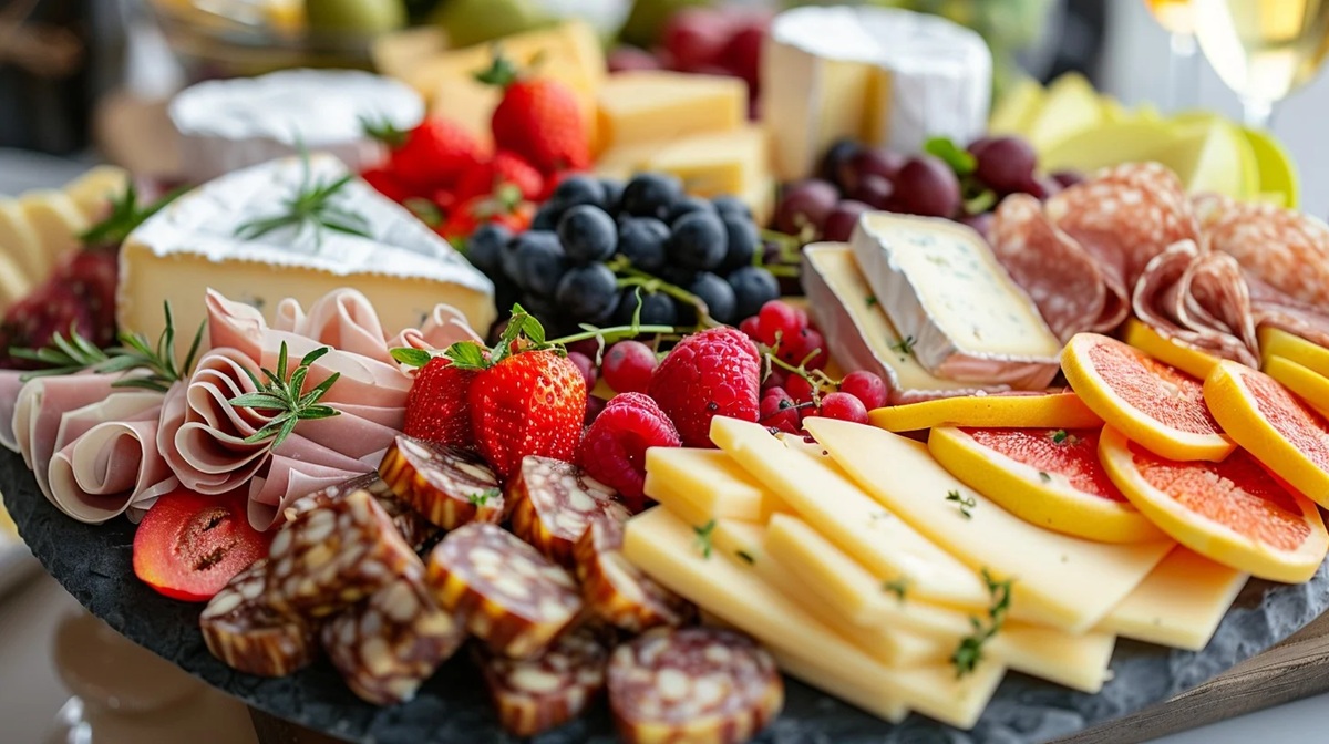 Gourmet Cheese Board A decadent cheese board brimming with an assortment of fine cheeses, cured meats, and fresh fruit.
