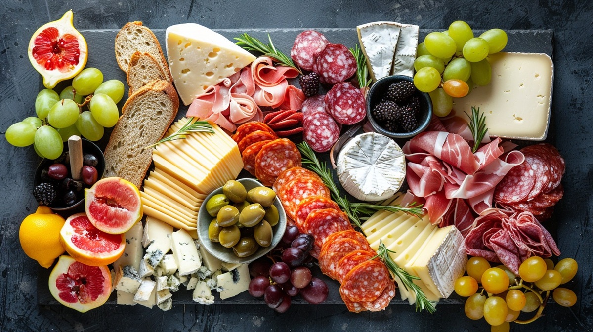 Gourmet Cheese Board An abundant cheese board with various cheeses, cured meats, fruits, and olives.