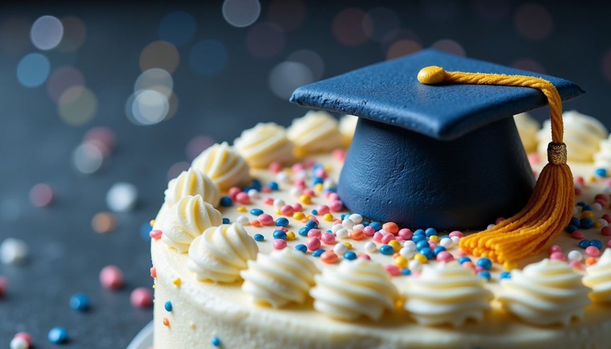 Graduation Cap Celebration Delicate fondant graduation cap perched on creamy frosting catches the light while colorful sprinkles create a celebratory atmosphere.