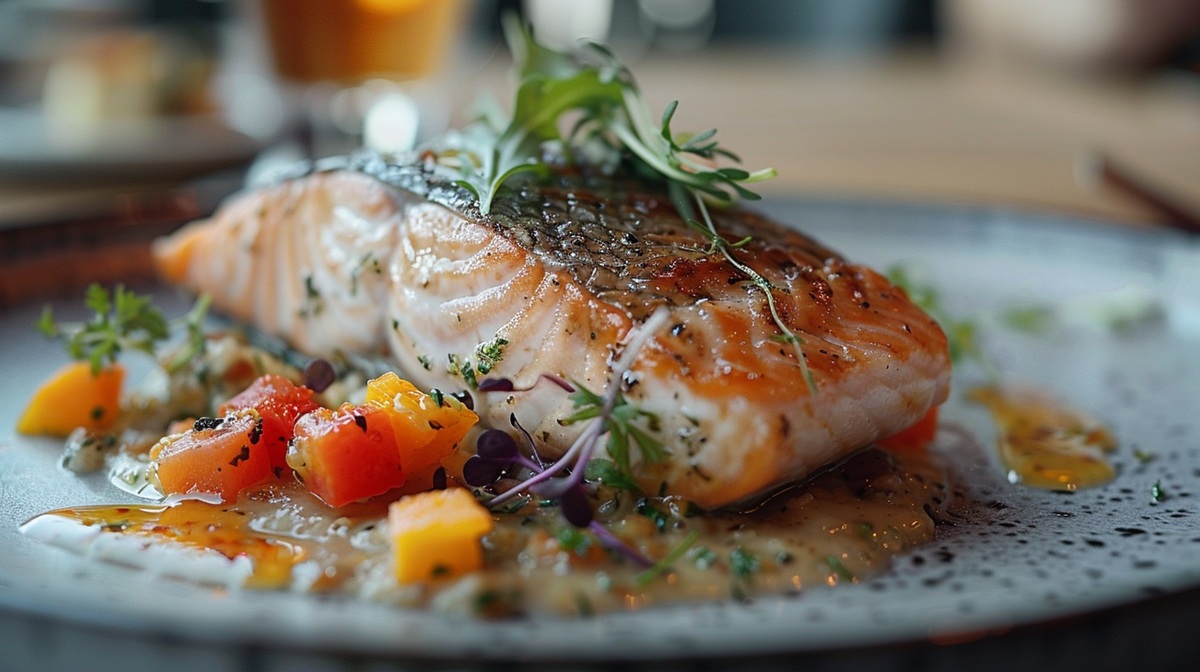 Grilled salmon dish Delicious grilled salmon topped with fresh herbs served with colorful diced vegetables on a speckled plate.