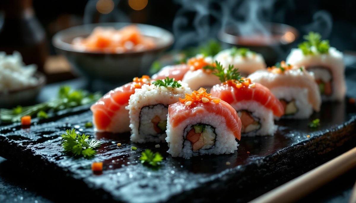 Luxurious Sushi Display Expertly crafted sushi rolls garnished with fresh herbs shine under dramatic lighting on a sleek black surface.