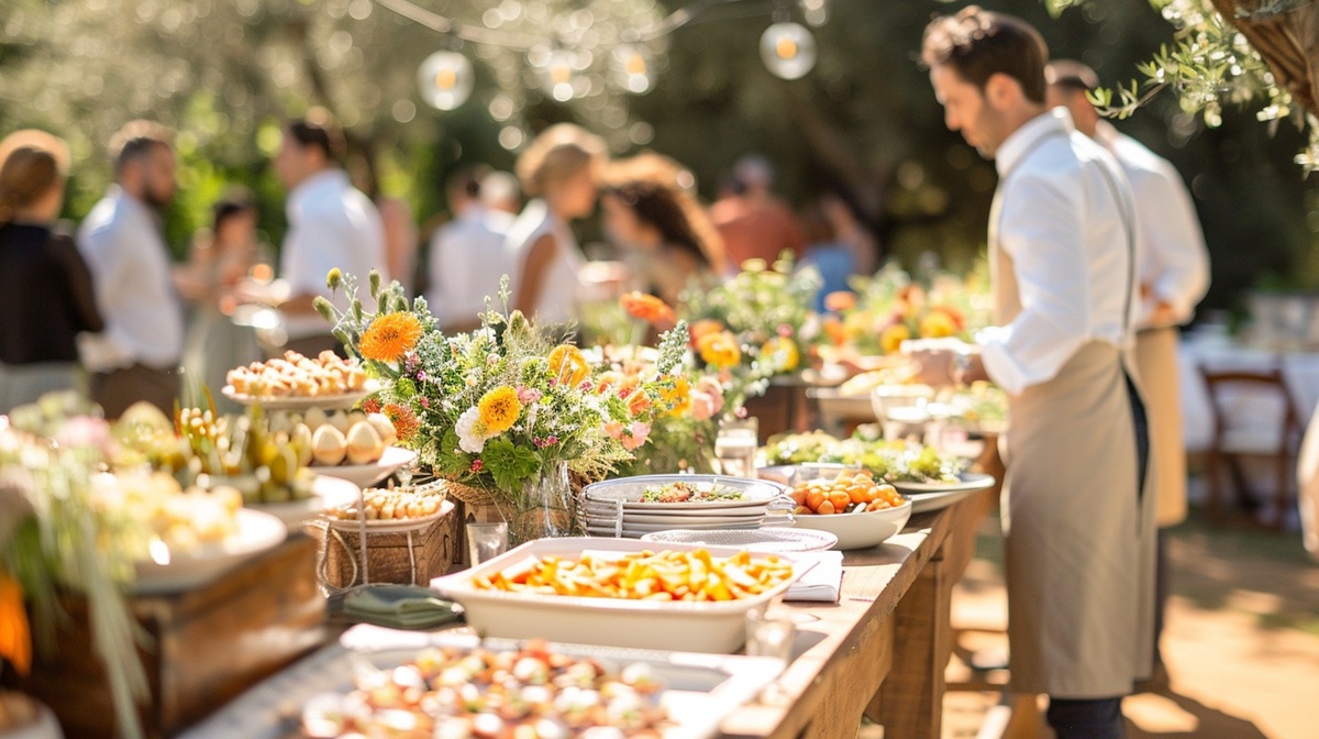 Outdoor Buffet Event Guests enjoy a beautifully arranged buffet at an outdoor event, with fresh meals and flowers.
