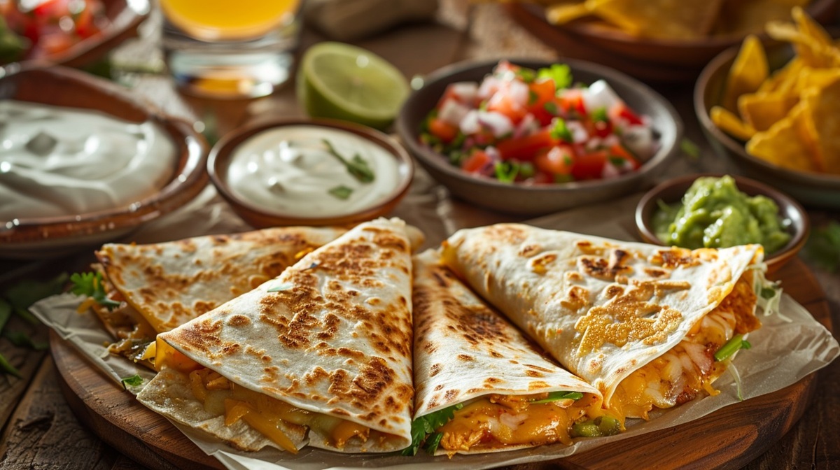 Quesadilla Feast A delectable spread of cheese quesadillas accompanied by fresh salsa, guacamole, and tangy lime wedges.