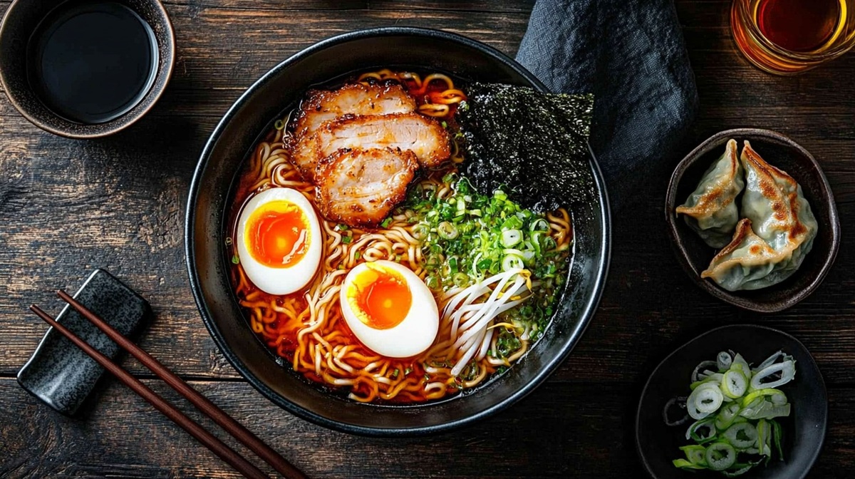 Ramen Bowl A traditional ramen bowl with perfectly cooked eggs, tender pork, noodles, and green onions.