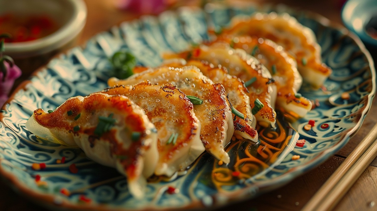 Savory Dumplings Delight Delicious pan-fried dumplings served on a decorative plate, perfect for a flavorful Asian cuisine experience.