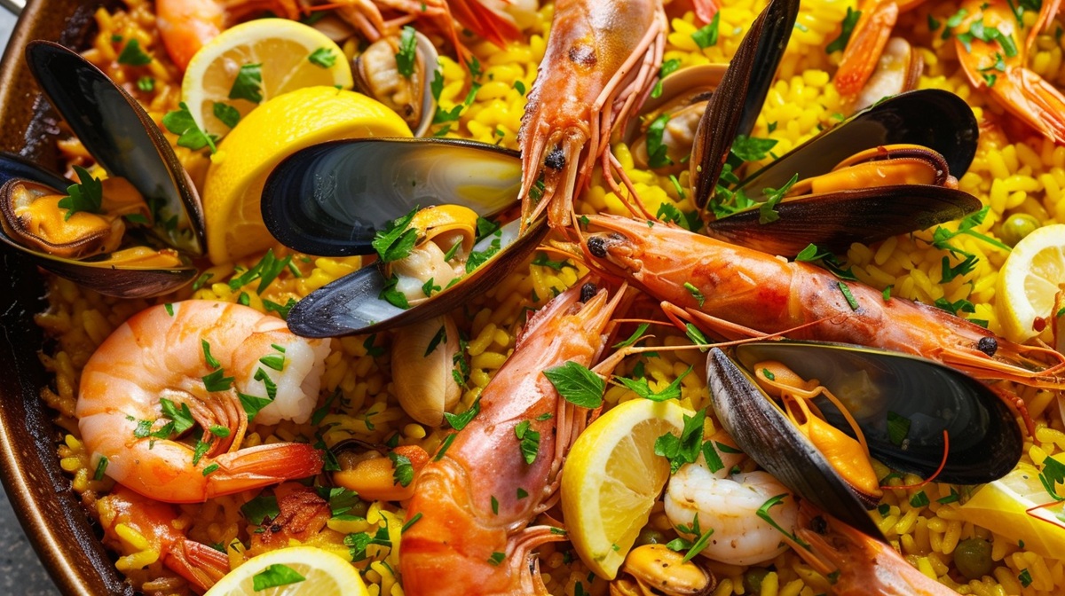 Seafood Paella Feast A vibrant seafood paella, packed with fresh prawns, mussels and lemon slices, perfect for gatherings.