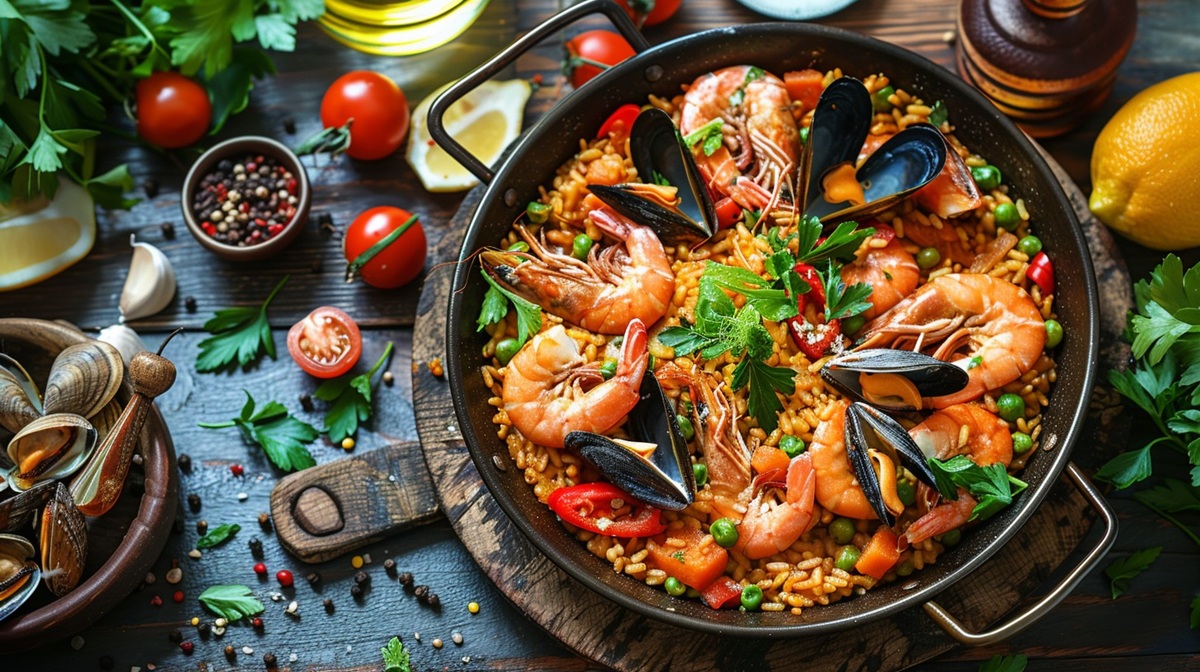 Seafood Paella A delectable seafood paella, brimming with prawns, mussels, and vibrant spices, perfect for a feast.