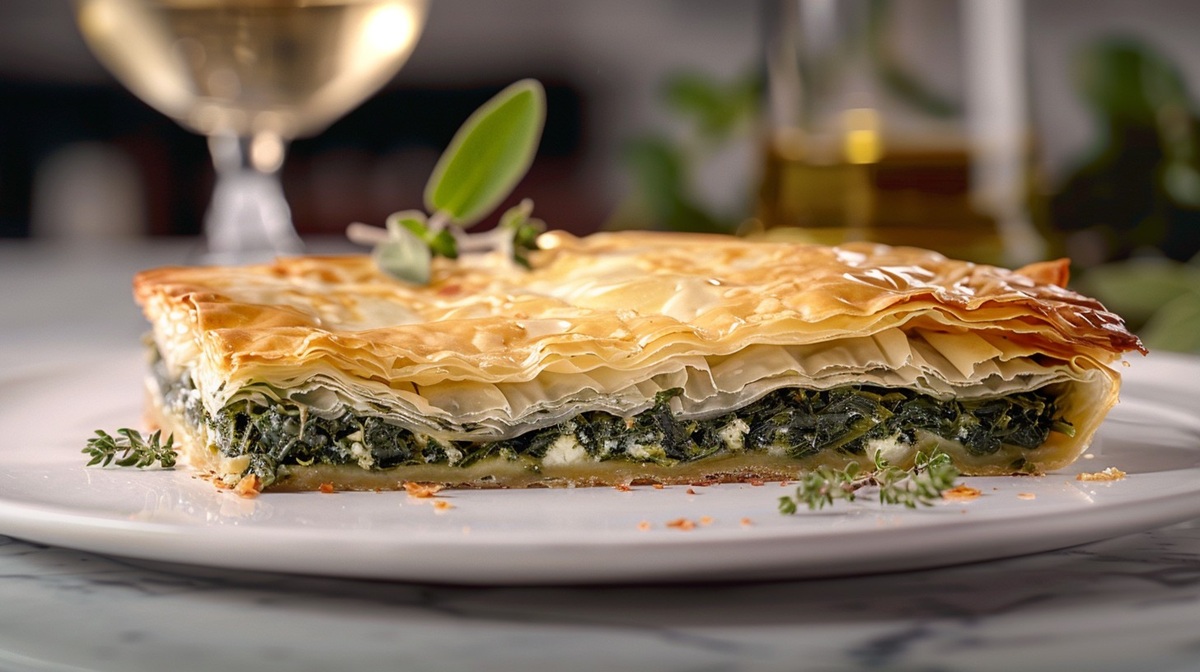 Spinach Pie A delicious slice of spinach pie served on a plate with flaky layers and fresh herbs.